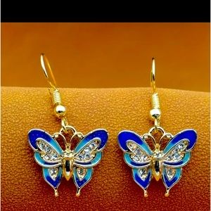 Exquisite Blue Enamel Butterfly Design Shiny Zircon Decor Dangle Earrings.